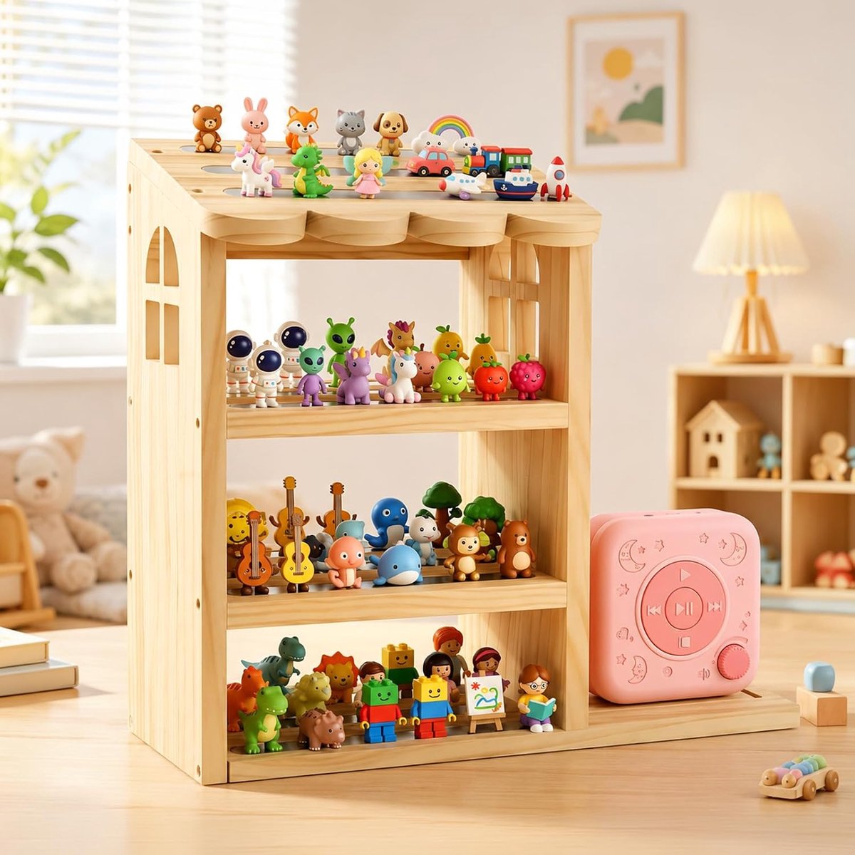 Rek in huisvorm, magnetisch rek met 4 niveaus, figuren-organizer voor 70-80 figuren, wandrek en tafelrek voor kinderkamer, compatibel met plank van het laadstation