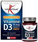 Verpakking met doos en flesje Vitamine D3 75 mcg (3000IE) FORTE. "Gemakkelijk slikbaar".