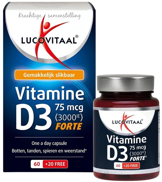 Verpakking met doos en flesje Vitamine D3 75 mcg (3000IE) FORTE. "Gemakkelijk slikbaar".