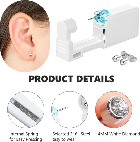 Set van 8 oorpiercingpistolen, pijnloos zelf oorpiercingpistool, aseptische wegwerpbare oorknopjes, voor meisjes, jongens, vrouwen, mannen (Argent) — afbeelding 2