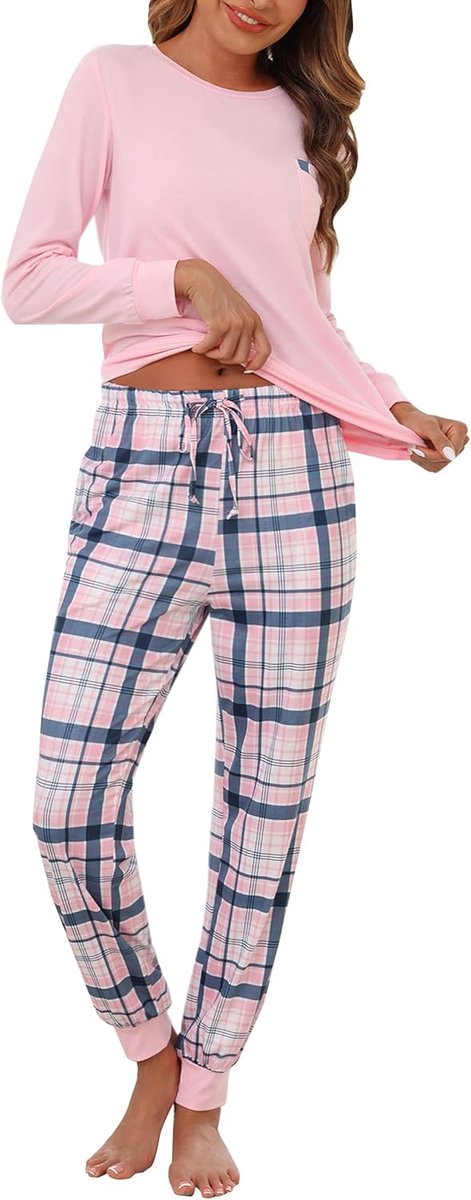 Damespyjama, lange mouwen, katoen, geruit, winterpyjama met manchetten, roze, M