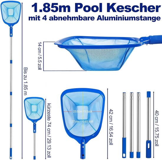 185 cm zwembadschepnet, zwembadschepnet fijn met telescoopstandaal, zwembadreiniging zwembadschepnet fijnmazig, vijverschepnet voor zwembad, vijver, algen & Bestway Pool, opzetzwembad, sproeibad — afbeelding 2