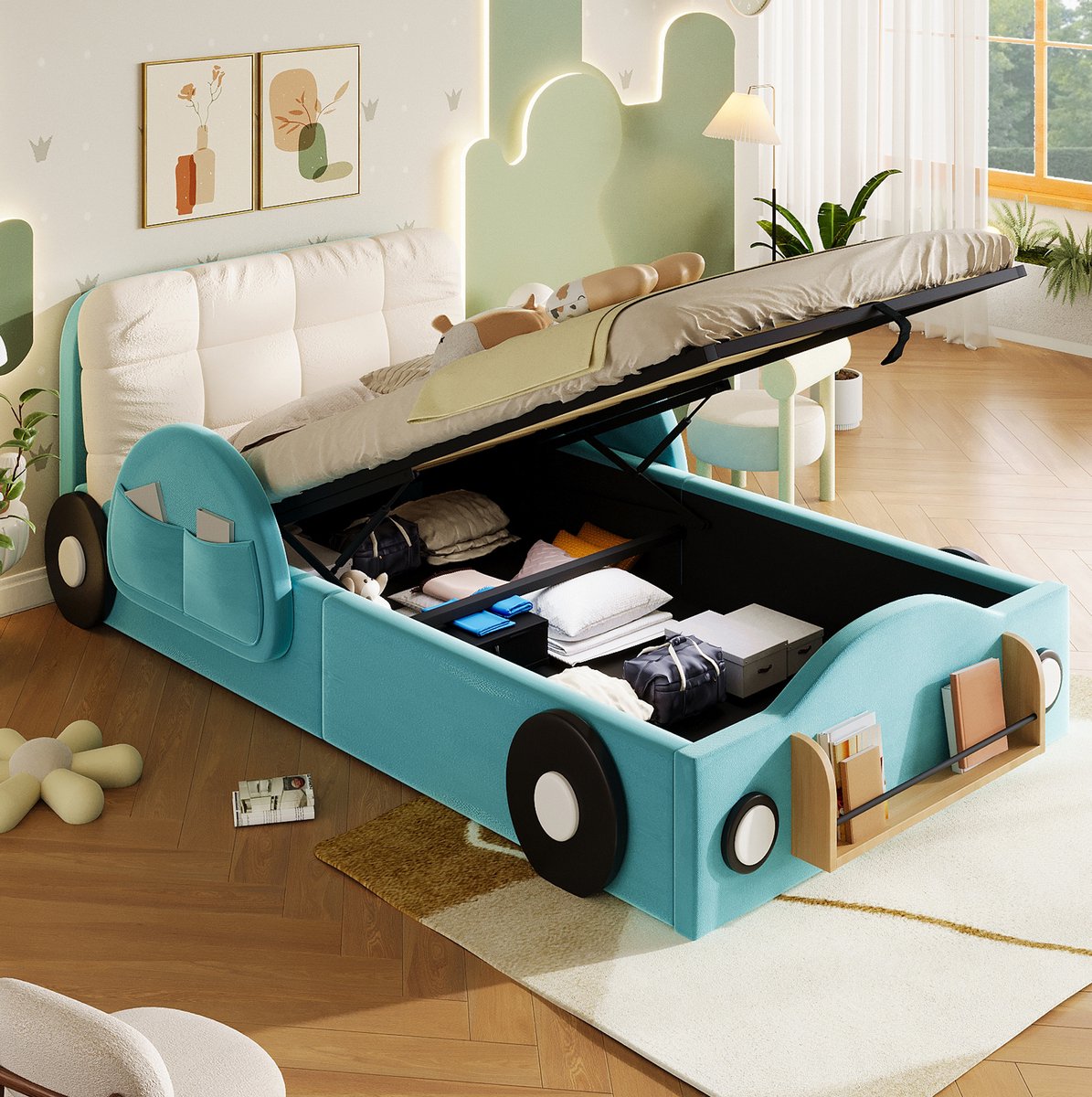 MIVRAY Normaal Bed 90x200 cm Zonder Matras - Stoffen Kinderbed Met Hydraulische Opbergruimte, Zijvakken En Boekenrek - Blauw