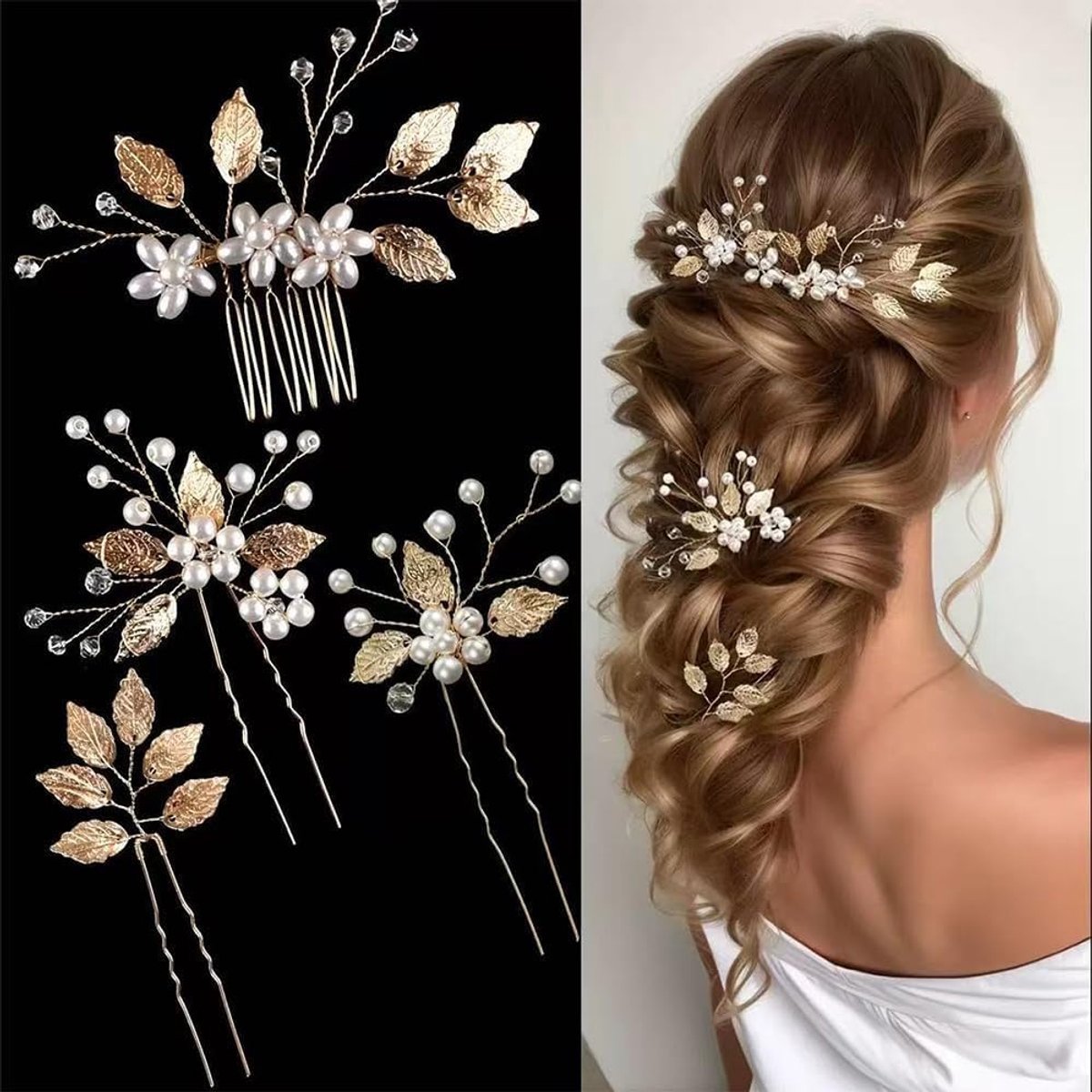 4 Stuks Bruids Haarspelden Bloemen Bladeren Haarkam Haarsieraad Dames Haaraccessoires Bruiloft Haarpins Voor Opsteekkapsel Feest Gala Fotoshoot (Goud A)