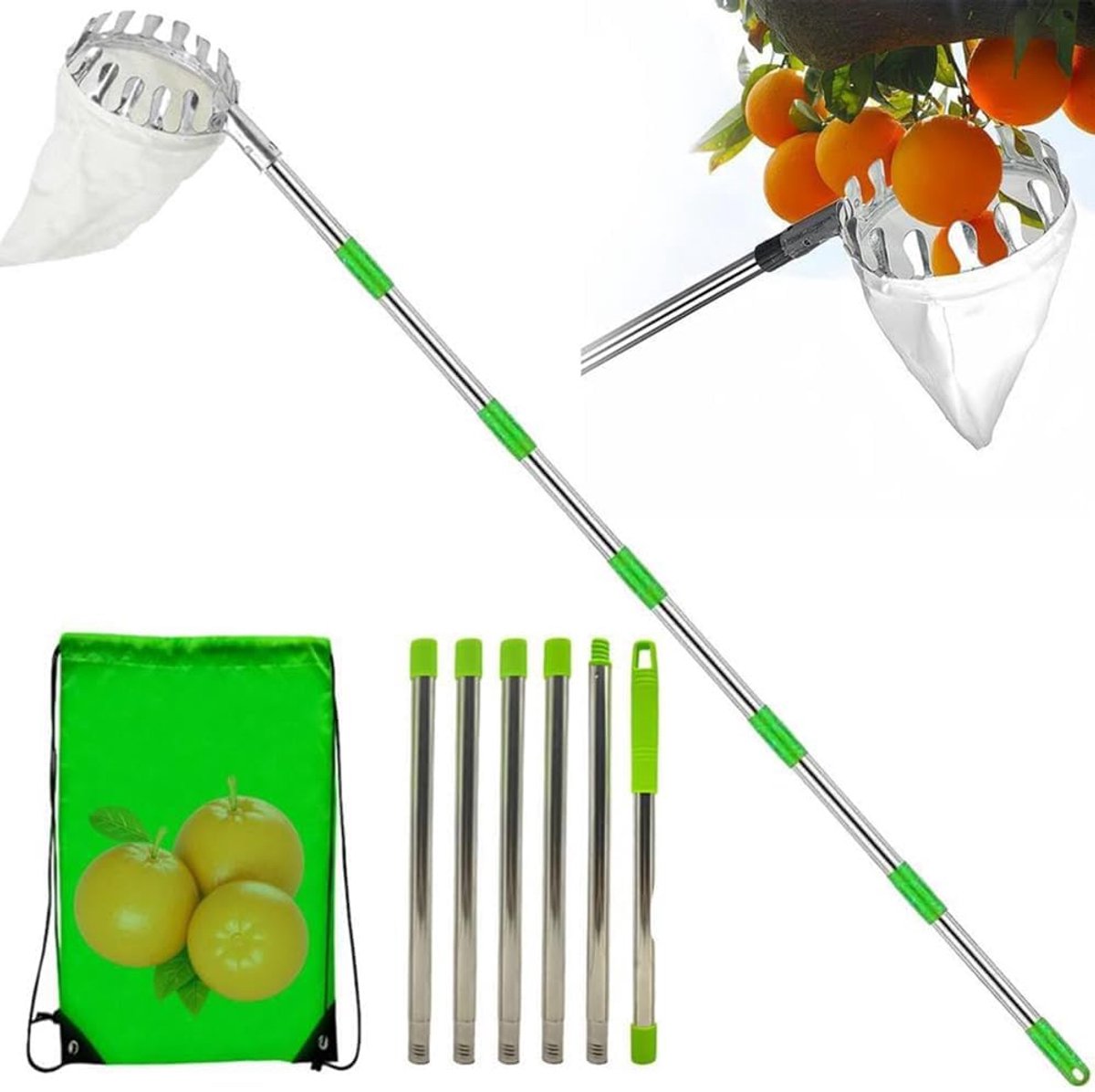 Telescopische fruitplukker, fruitplukker, appelverzamelaar, 4,2 m, roestvrij staal, eenvoudig te monteren, werkbesparend fruitoogstgereedschap voor appels