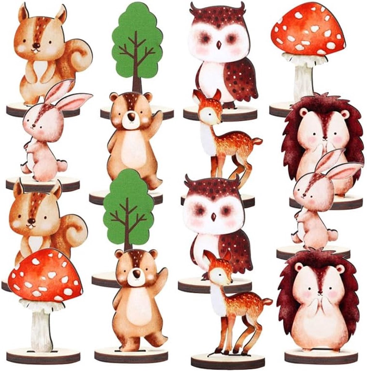 tafelopzetstukken, taartdecoratie, jungle, bosdieren, verjaardagsdecoratie, 16 stuks houten bosdieren, tafelbordje met sokkel, houten decoratie, bosdieren voor babyshower, feestdecoraties