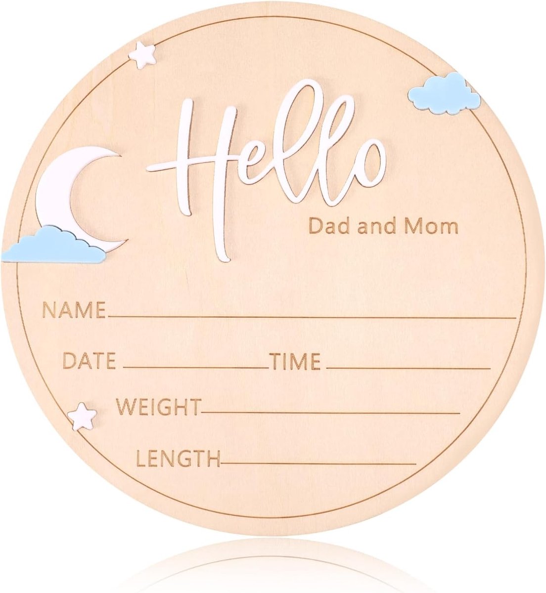 Houten Babyaankondigingsbord, Rond Hello World Geboortebord met Maan en Sterrenpatronen Chique Pasgeborenen Plaquette voor Jongens en Meisjes Herdenkingsfoto-Accessoires Huis Decoratie