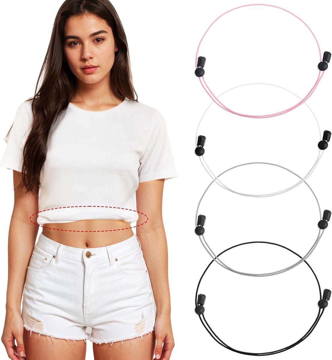 4 stuks Tuck Band voor shirts en truien, verstelbare cropband voor bovenkleding, Tuckband voor vrouwen onzichtbaar, verander de stijl van uw tops (zwart wit grijs roze)