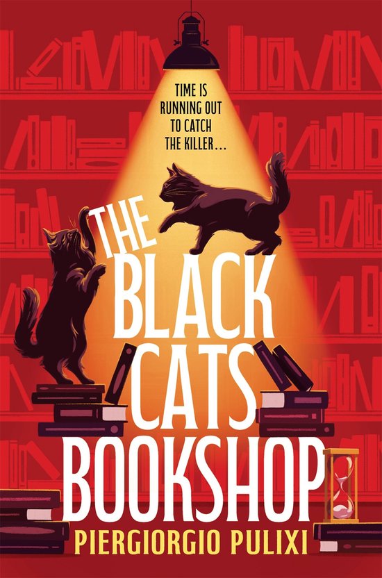 Boekomslag van The Black Cats Bookshop met twee zwarte katten in een verlichte bibliotheek, tekst: De tijd dringt.
