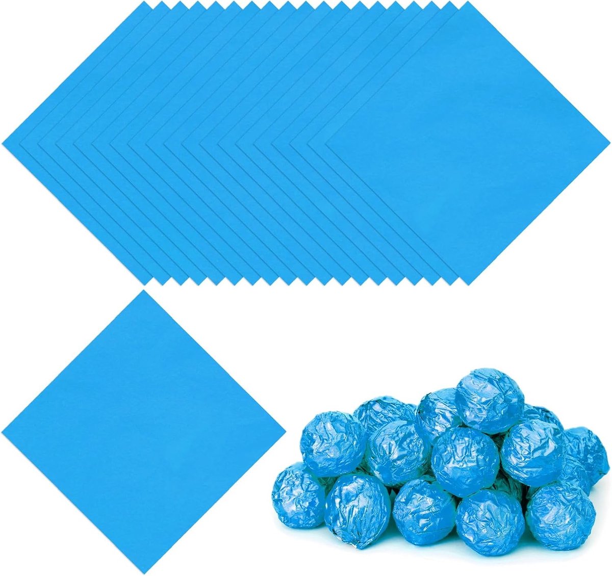 Folie Snoepwikkels 15,5 x 15,5 cm, 100 stuks vierkant, glanzend aluminiumfolie, snoep inpakpapier voor doe-het-zelf chocoladesuikergoed, verpakking decoratie, blauw