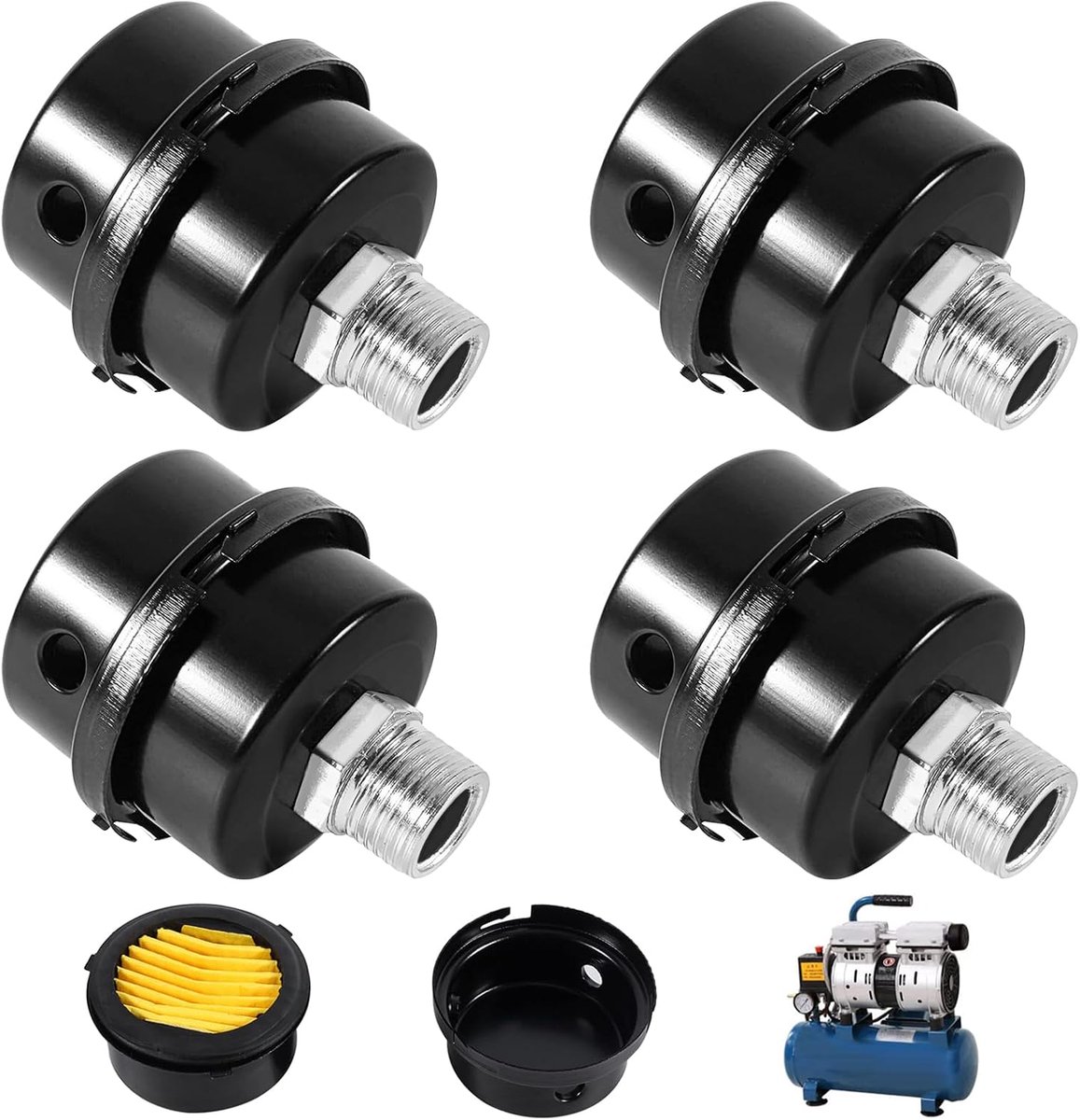 4 stuks luchtfiltercompressor, 16 mm schroefdraad, luchtcompressor, geluiddemper voor olieloze luchtcompressor, aanzuigluchtfilter, vervanging (zwart metaal)