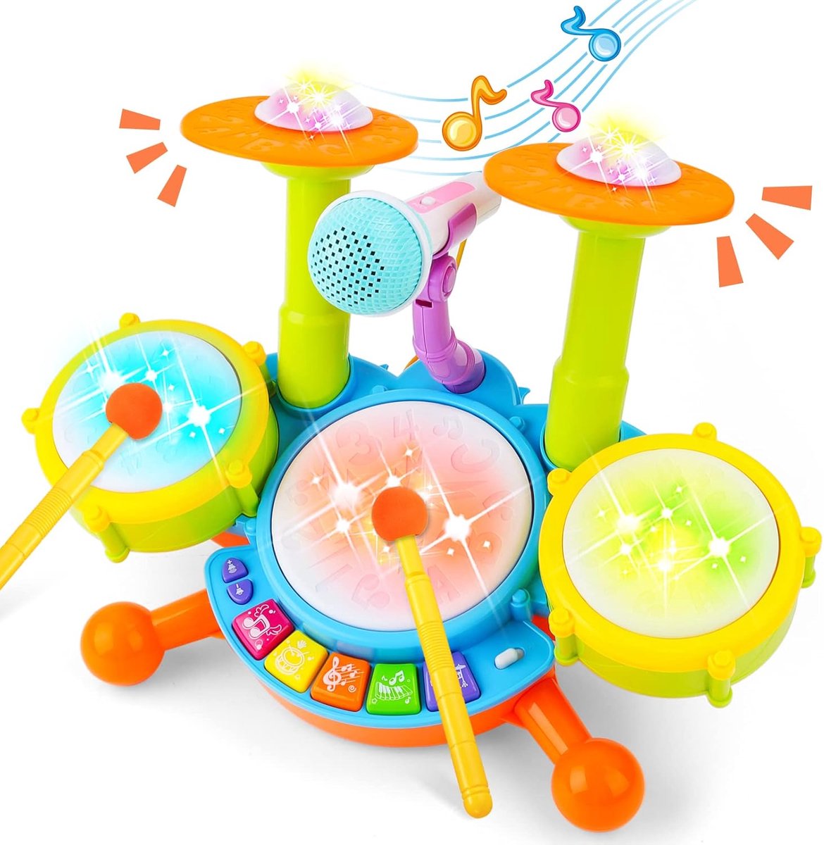 deAO Babytrommel, percutieset voor beginners, met 3 batterijen en microfoon, 18 liedjes, 2 staafjes, geluids- en lichteffecten, maken deze drumset voor kinderen