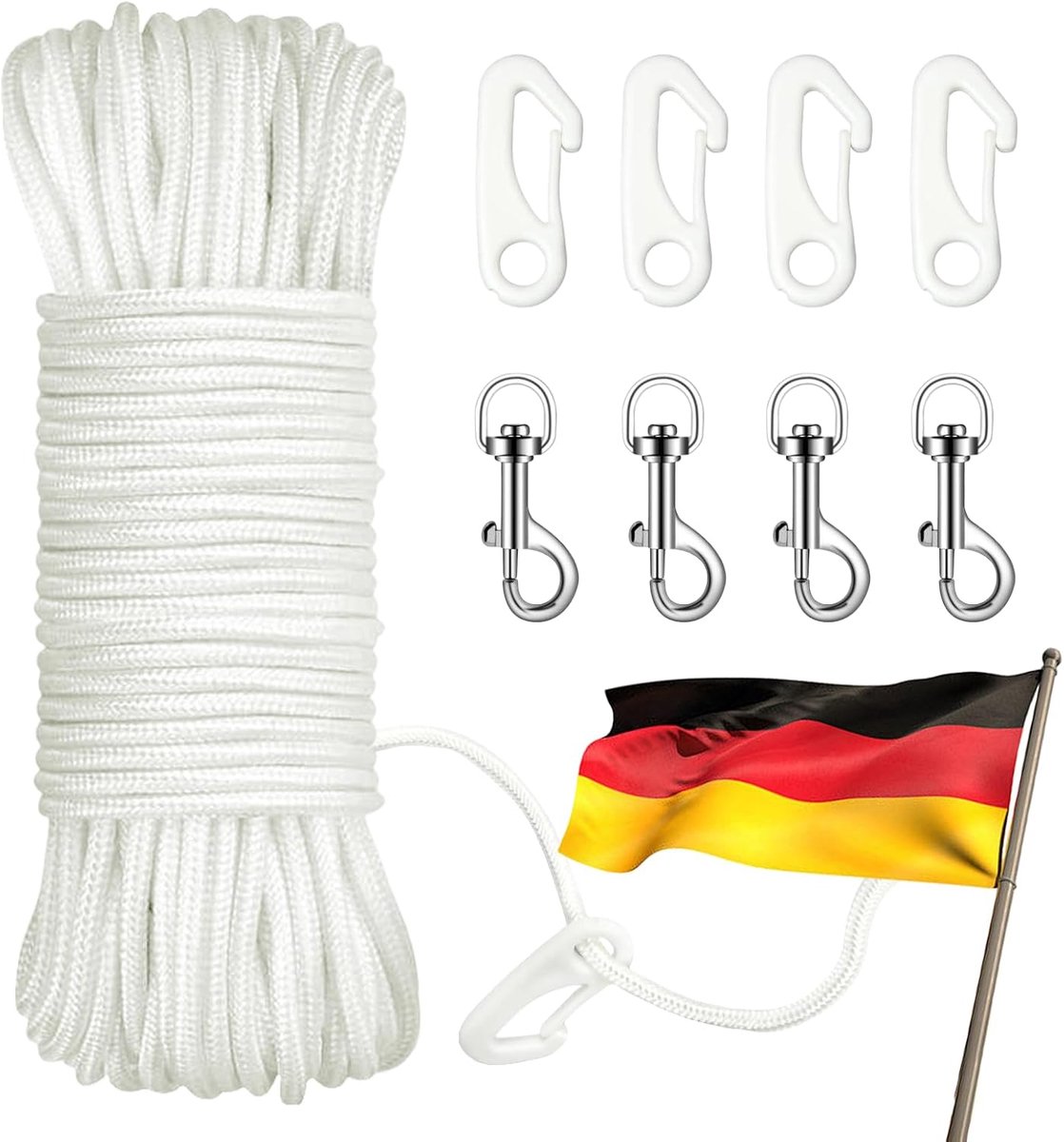 chenyu 25 m nylon touw met 8 karabijnhaken | Wit, diameter 6 mm, klimtouw voor vlag, voor gordijnen, wasrek, duurzaam touw voor buiten