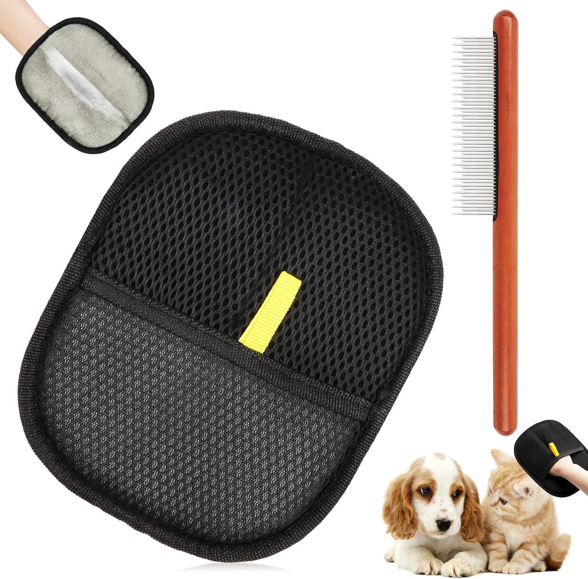 Ontharingshandschoenen voor dierenharen, 2-delige set, verdikt design met grote handschoen en houten kattenkam, herbruikbare antistatische handschoenen, dubbelzijdig, geschikt voor alle lengtes
