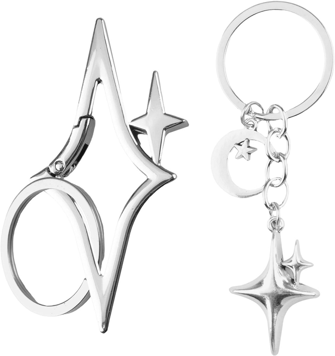 Karabijnhaak Sleutelhanger, 2 STKS Leuke Cool Y2K Shiny Chrome Karibiner met Star Moon Sleutelhanger en Roestvrij Staal Sleutelhanger voor Handtas Rugzak Tas Gift