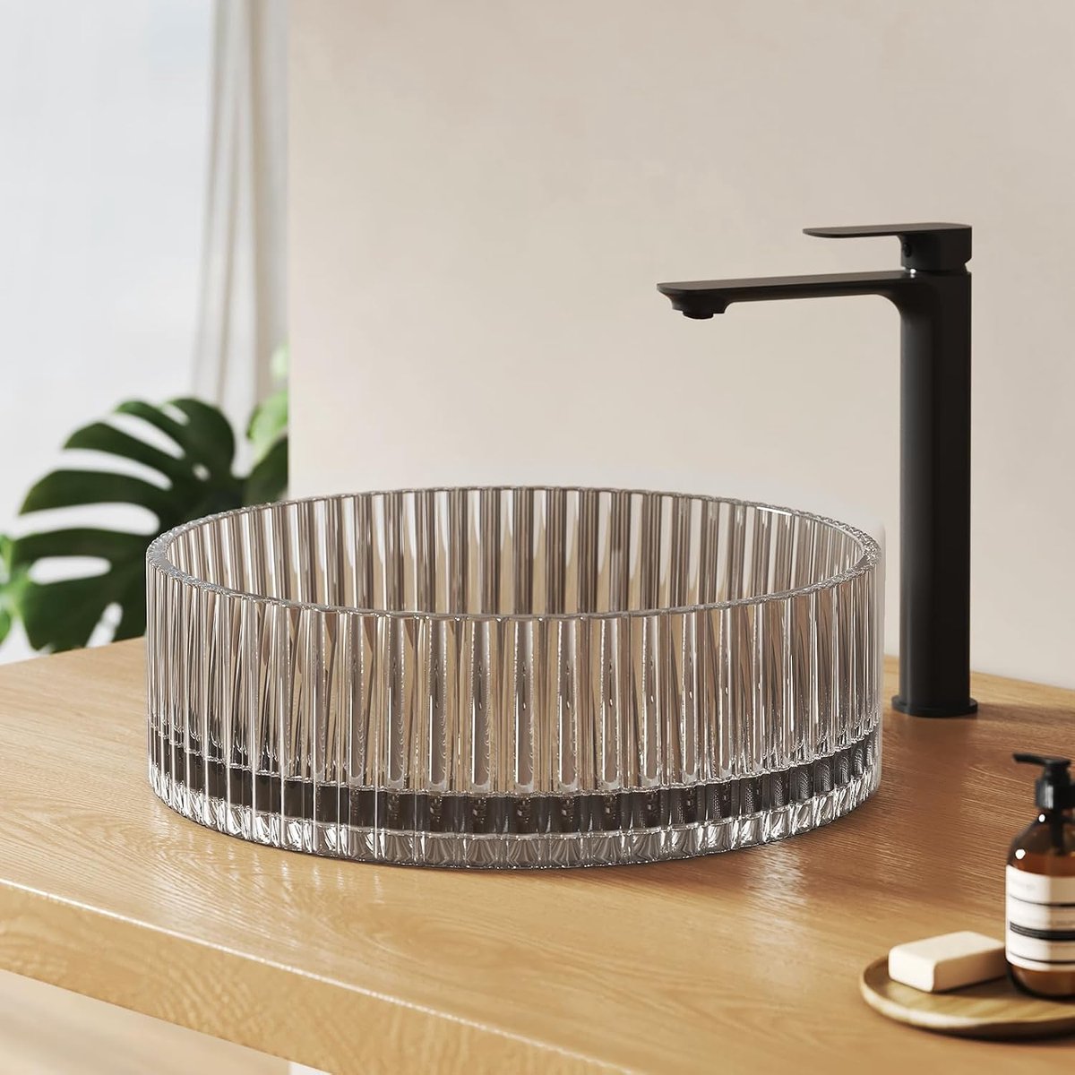 Ronde Opbouw Waskom van Glas 40,0 × 40,0 × 12,0 cm – Design Waskom van Glas met Groot Volume voor Badkamer en Gastentoilet, Zonder Kraangat, Transparant Grijs
