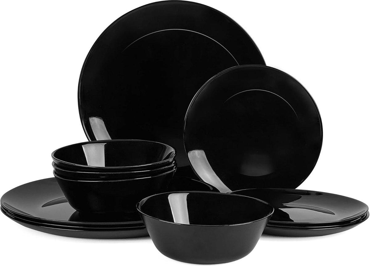 12‑delig opaalglas serviesset voor 4 personen, zwart, afbrokkel‑ en krasbestendig, vaatwasser‑ & magnetronbestendig