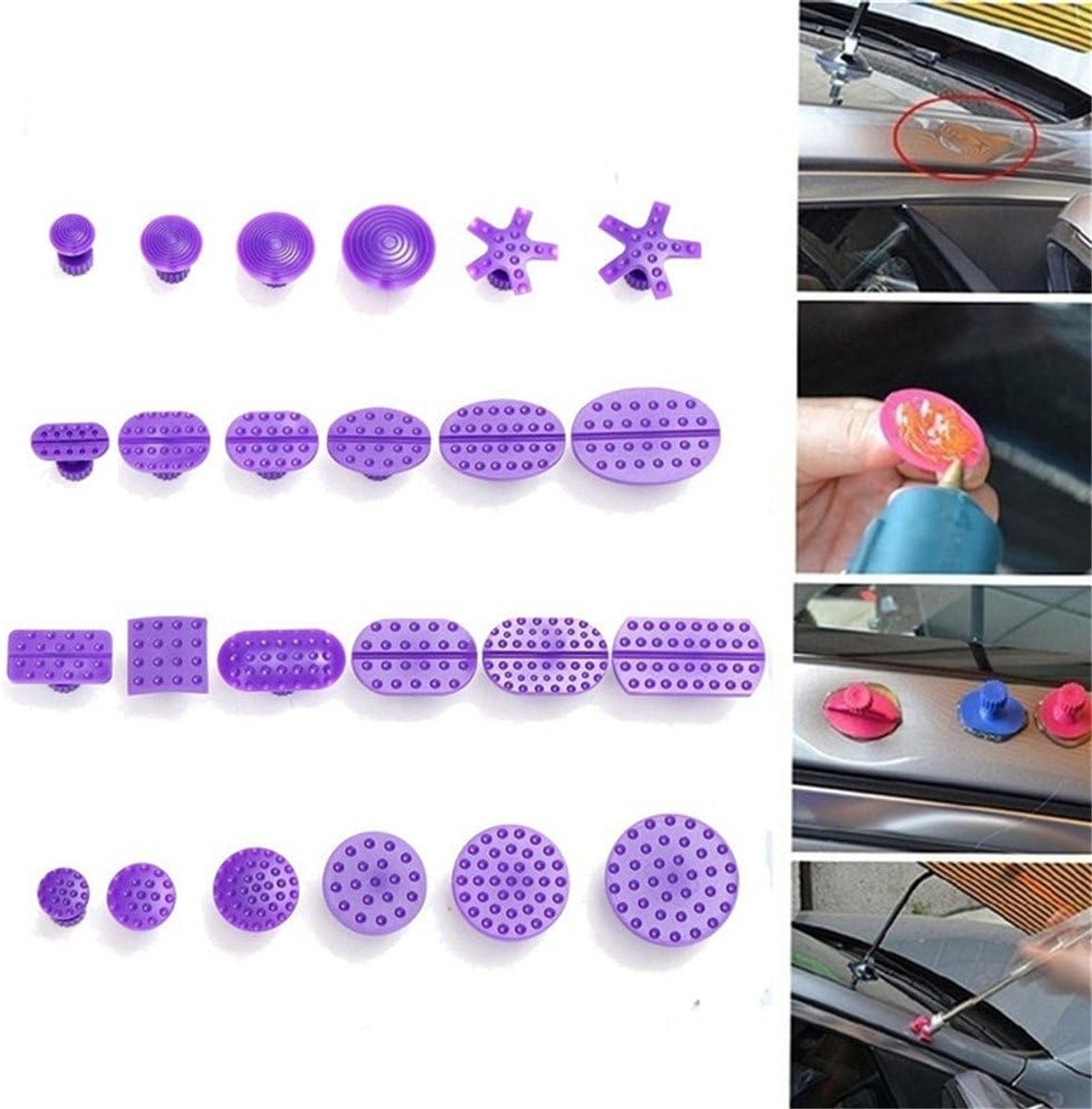 lijmtreklusjes voor kleurloze reparatie van deuken/hagelschade in autocarrosserie, gereedschapsset voor lakschadevrije uitdeuktechniek, 24 stuks