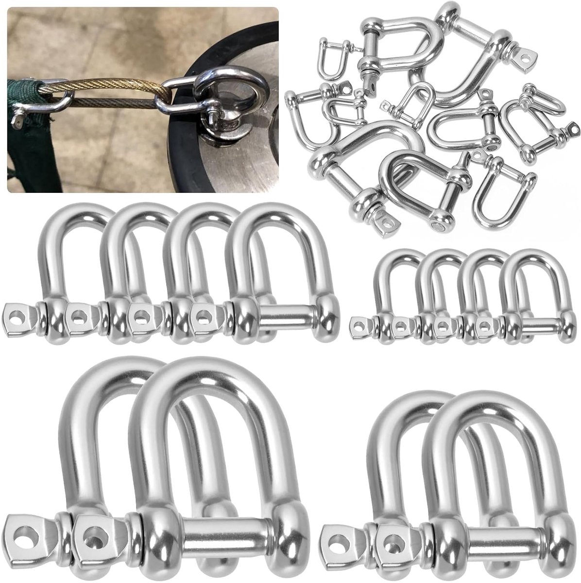 12 STKS M4 (5/32 inch), M6 (1/4"), M8 (5/16 inch), M10 (3/8") 304 roestvrijstalen D-ringbeugels, schroefpin anker boog beugel, mariene kwaliteit Clevis beugel voor zware trekhaak constructie