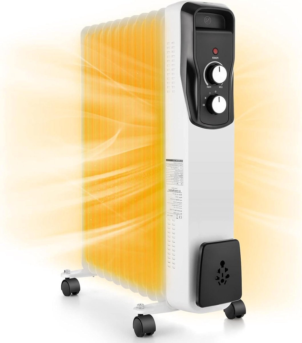 Olieradiator - Elektrische kachel - Ruimte verwarmen - Energiebesparend 11 ribben - 2500 Watt - Witgrijs