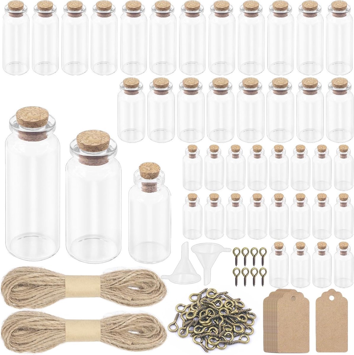 Mini-glazen flessen 148 stuks - 3 maten - met kurkstops en labellabels - perfect voor ambachten - SnelShoppen