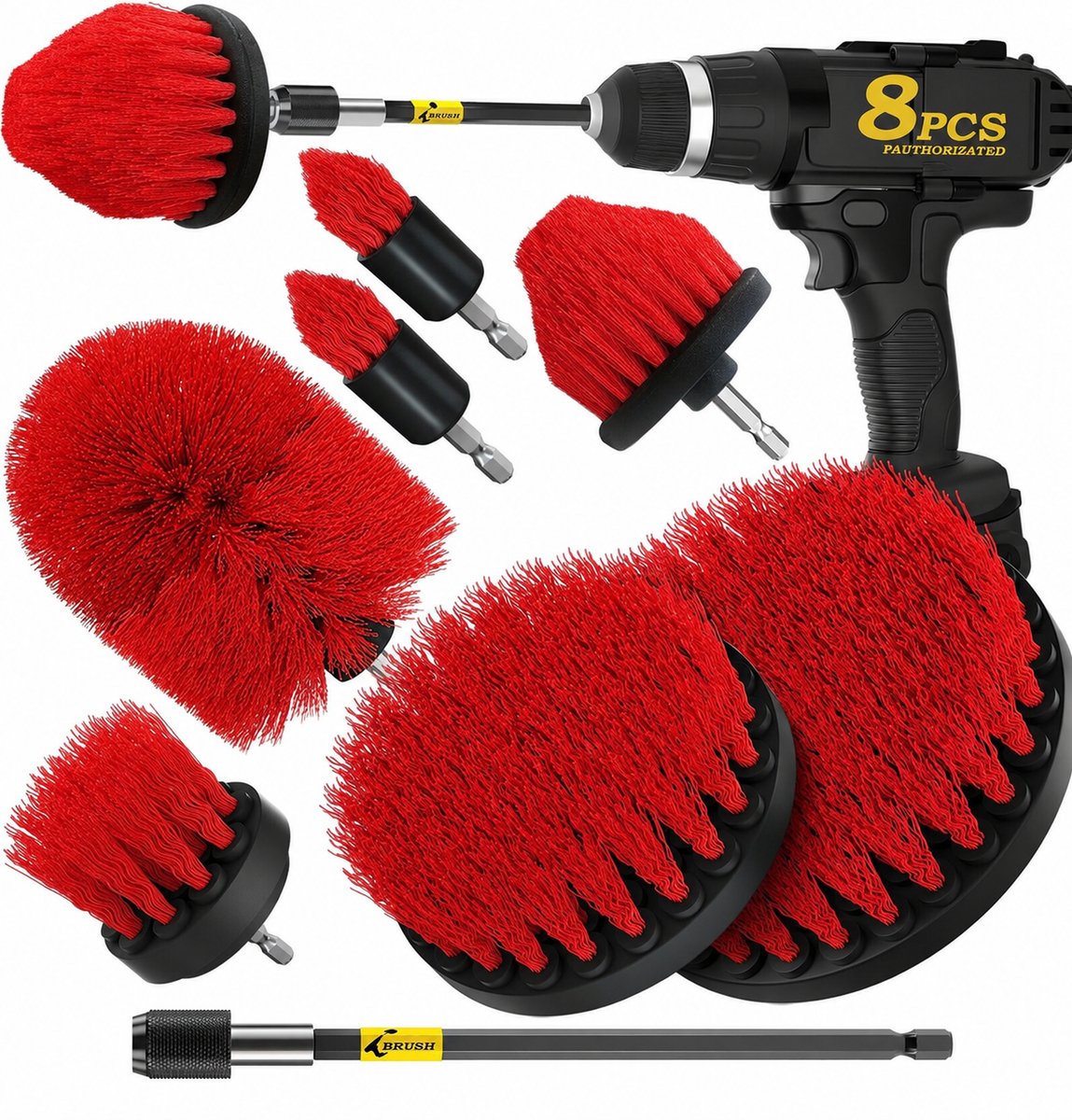 BOTC Boorborstel Set 8 Stuks - Schoonmaakborstels voor Boormachine met Verlengstuk - Tegelborstel, Voegborstel, Badkamer-, Douche-, Badkuip- en Vloerreiniging - Rood