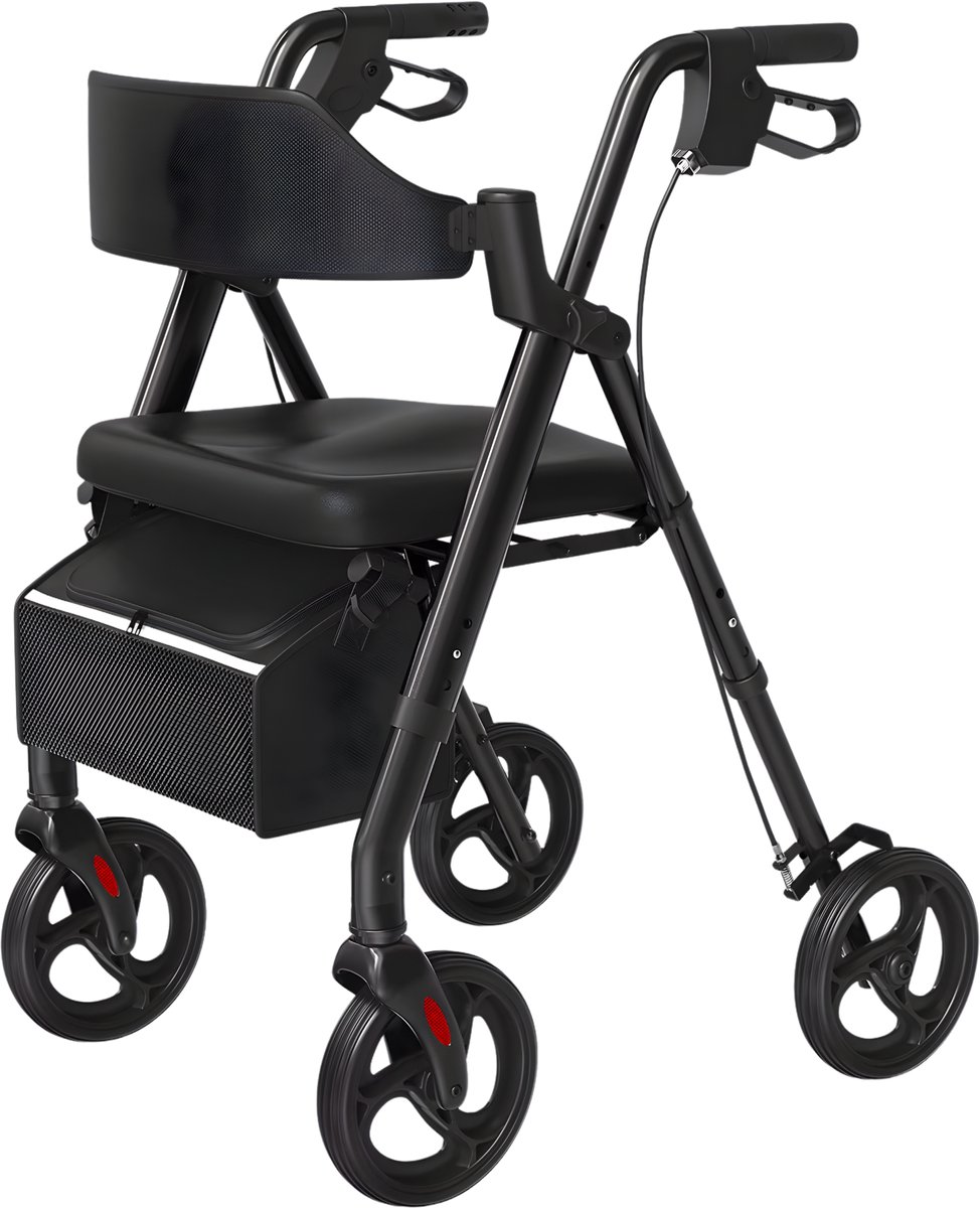 Rollator – Voor senioren – Opvouwbare rollator met stoel, duurzaam aluminium – Grote wielen 20 cm, geschikt voor iedereen, zwart