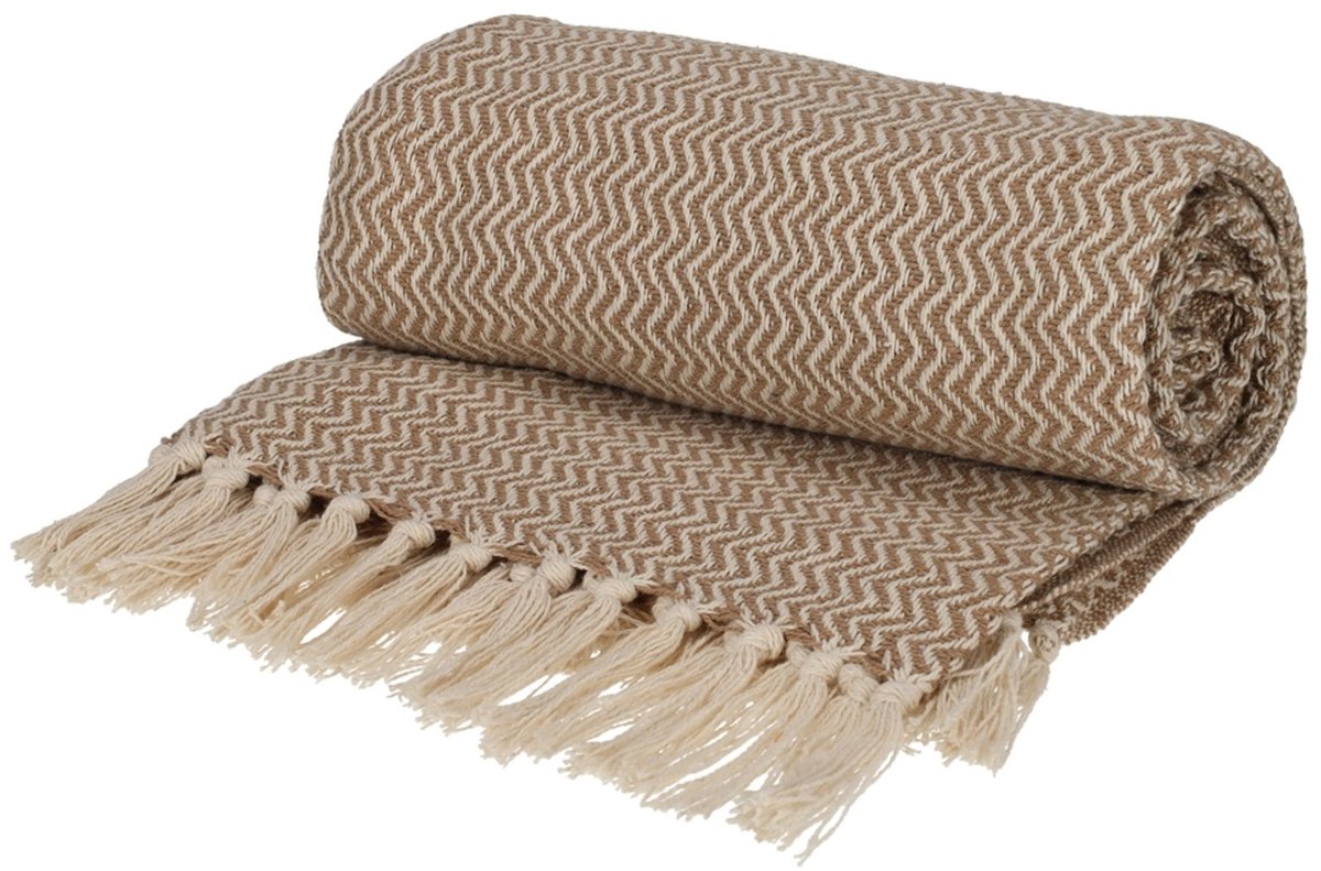 Fitz Living Plaid Visgraat 130 x 180 cm - Beige - Gerecycled Katoen met Kwastjes
