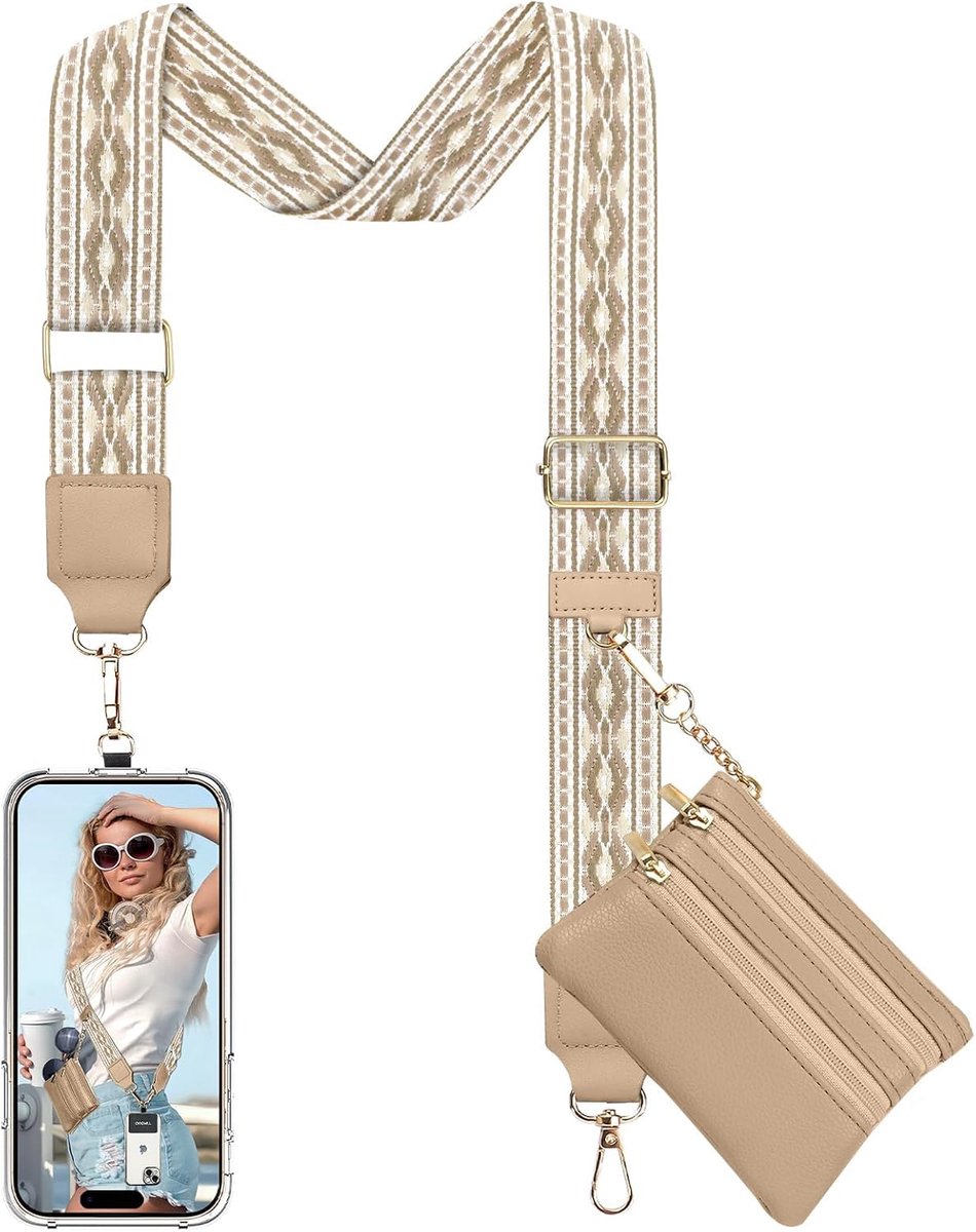 Umhängetasche met clip- en draagriem, inclusief leren portemonnee en verstelbare diefstalbescherming koord met vak voor de meeste telefoonhoesjes