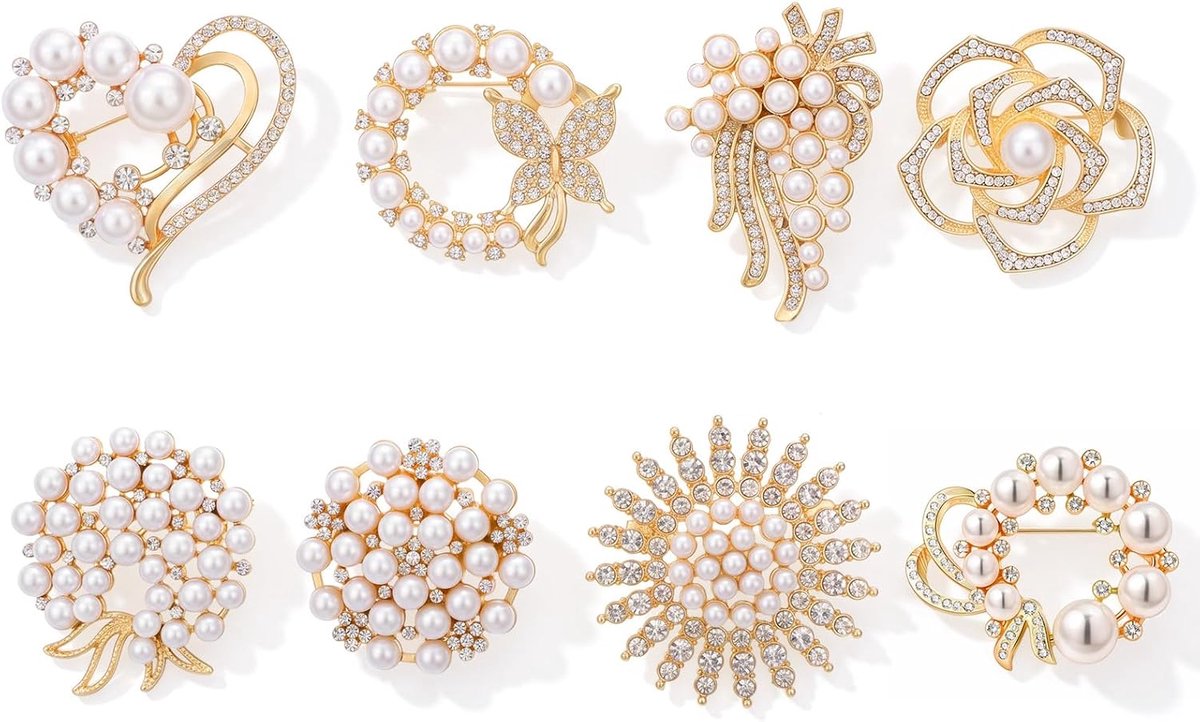Broches dames, strass parel broche set | 8-delige broche-set, goud, zilver, wit, strass, parels, bloemendesign, voor sjaal, jas, jurk, elegante kraagbroche, ideaal