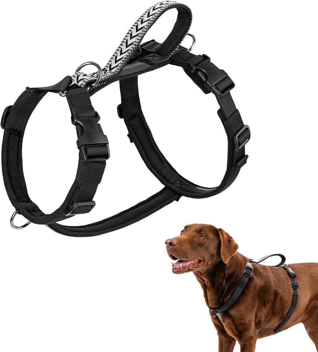 Hondenharnas, anti-trektuigje voor kleine, middelgrote en grote honden, gevoerd met clip aan de voorkant en zachte handgreep voor training, wandelen en hardlopen, zwart, L