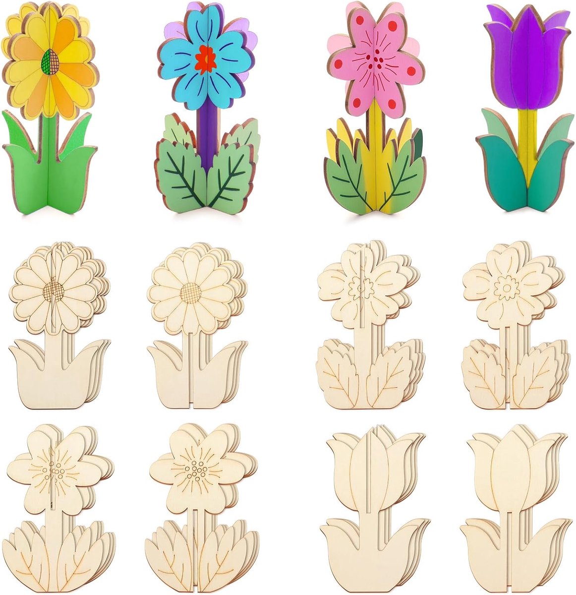 Houten bloemen knutselset voor doe-het-zelf knutselen | 32 stuks onbehandelde houten schijven, ruwe houten ornamenten, woondecoratie en kunstprojecten