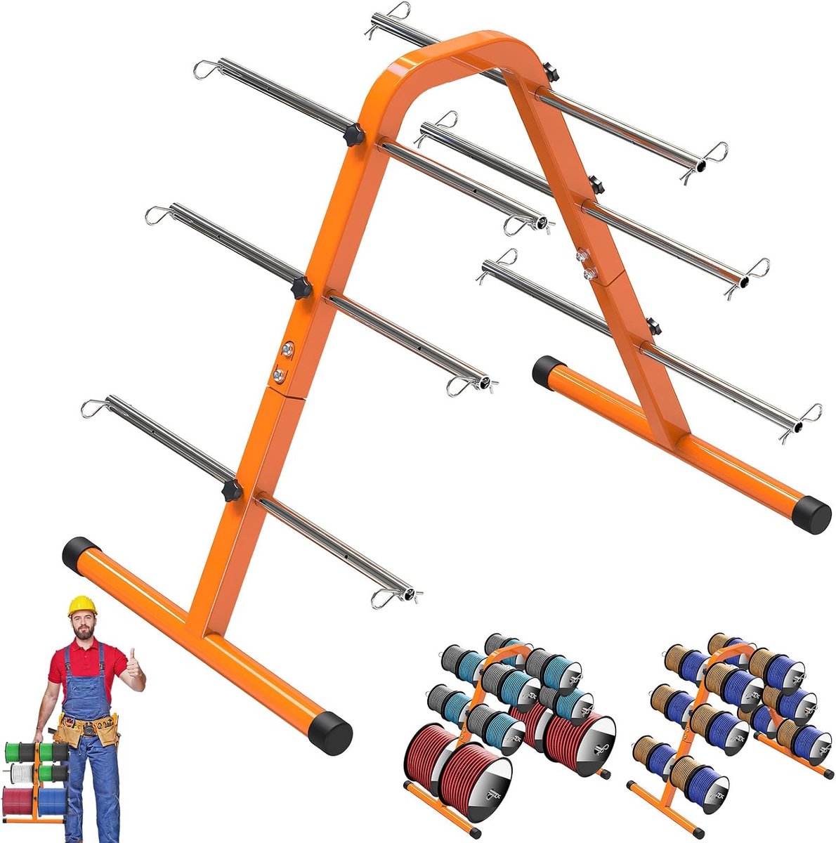 Draagbaar draadspoelrek - Heavy-Duty stalen kabeldispenser met 6 verstelbare stangen, spoelrekhouder voor efficiënte opslag en dosering, 20,3 cm maximale spoelcapaciteit