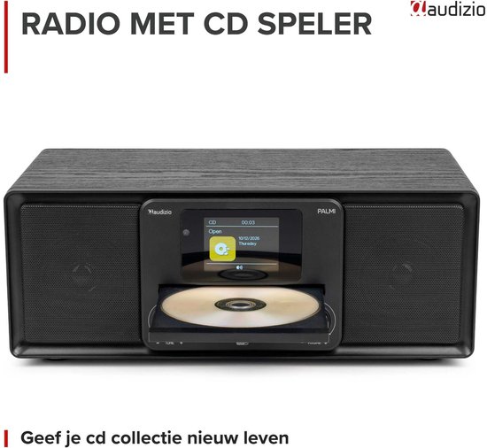 Zwarte Audizio Palmi radio met CD-speler, met CD in het midden en display erboven.