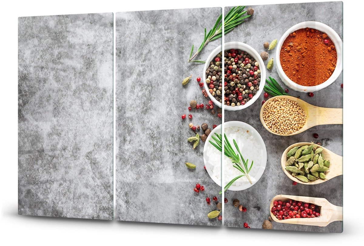 Mydesignglas Glazen Inductie Beschermer - Krasvrij Gehard Glas met Antislip - Afdekplaat voor Kookplaat - Spatscherm Achterwand Keuken - Kruiden & Specerijen, grijze achtergrond - 3x30x52