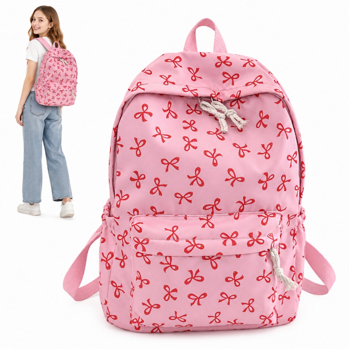 Bobypet - Rugzak - Kawaii Schooltas met Polka Dot en Strik - Waterafstotende Rugzak voor Dames en Tieners - Geschikt voor 14 Inch Laptop - rood