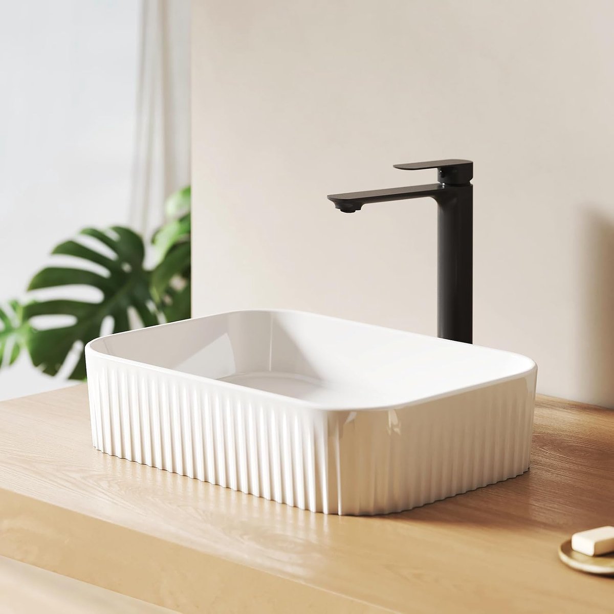 Rechthoekige Opbouw Waskom 45,0 × 32,0 × 11,0 cm – Keramische Waskom voor Badkamer en Gastentoilet, Opbouw Waskom zonder Kraangat, Glanzend Wit (Afgeronde Hoeken)