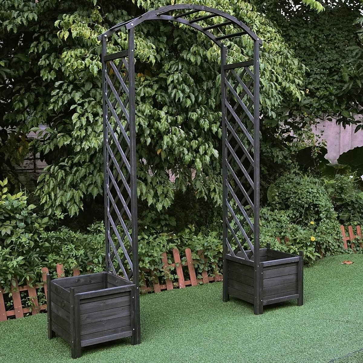 Rozenboog Hout - Klimhulp Tuinboog - Planten Decoratie - Met Geïntegreerde Bloembakken - 179 x 41 x 208 cm - Zwart