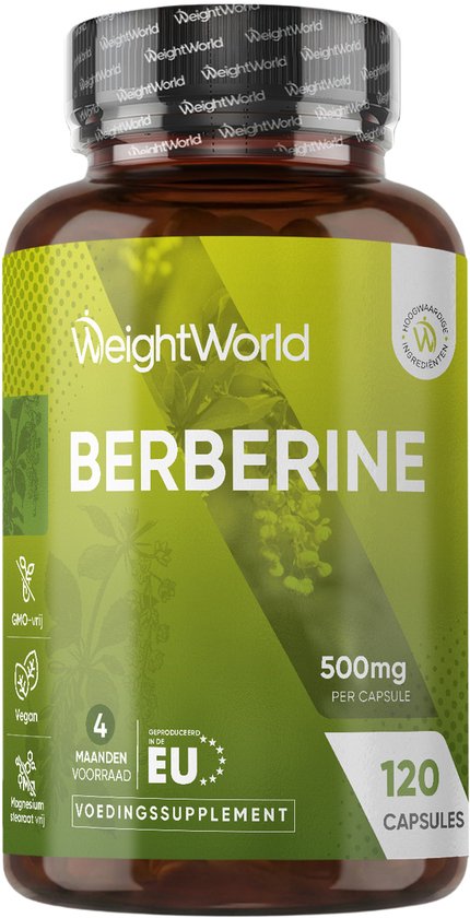 Een fles WeightWorld Berberine 500mg, 120 capsules. Het groene etiket bevat iconen voor GMO-vrij, Vegan, EU-geproduceerd.