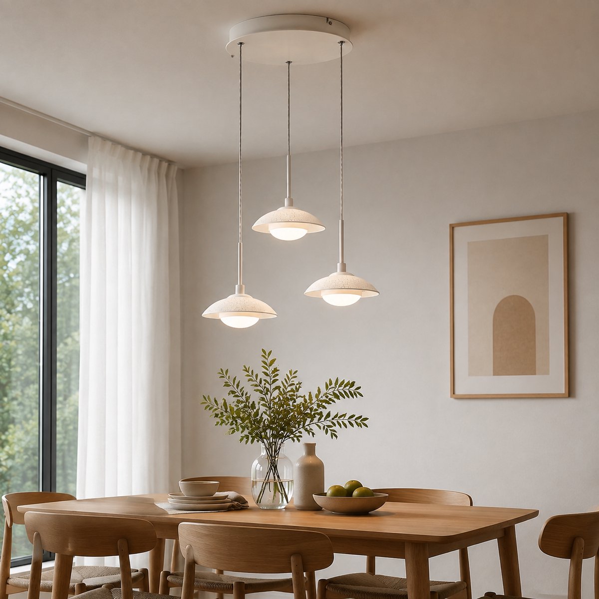 Hanglamp - Glazen LED Plafondlamp 18W - Lichts Pendellamp - 42x42x150 cm, 4500K, voor Eetkamer Woonkamer - energieklasse C - Zandwit