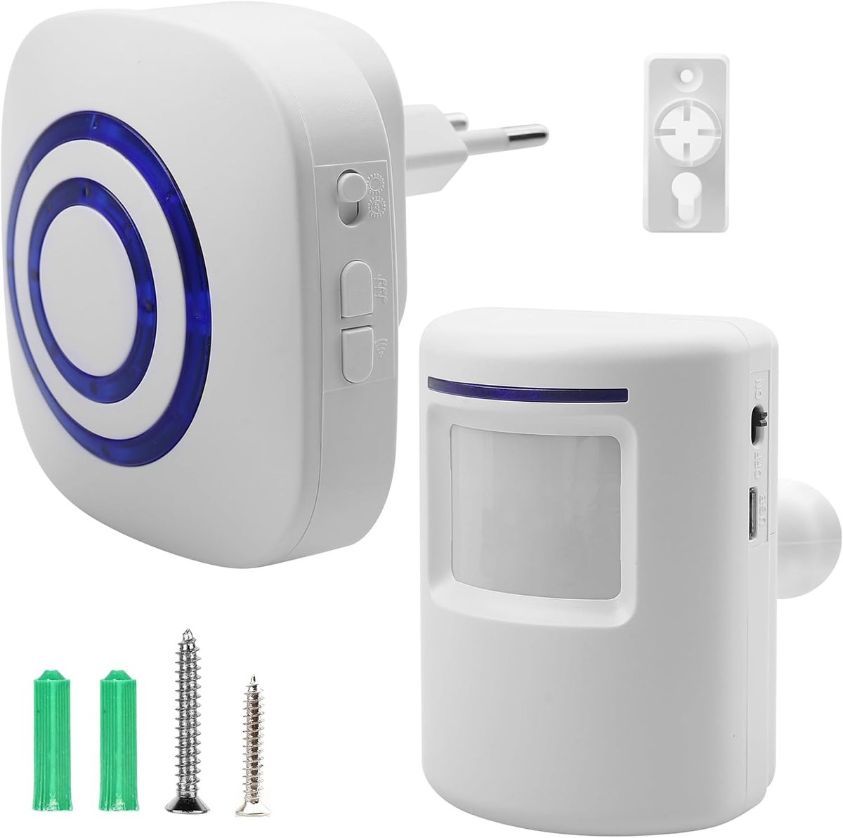 doorgangsalarm, laadbel, draadloos alarmsysteem met 1 elektronische plug-in ontvanger, 1 PIR-bewegingssensor-detector, doorgangsmelder, deurbel draadloos alarmsysteem met bewegingsmelder