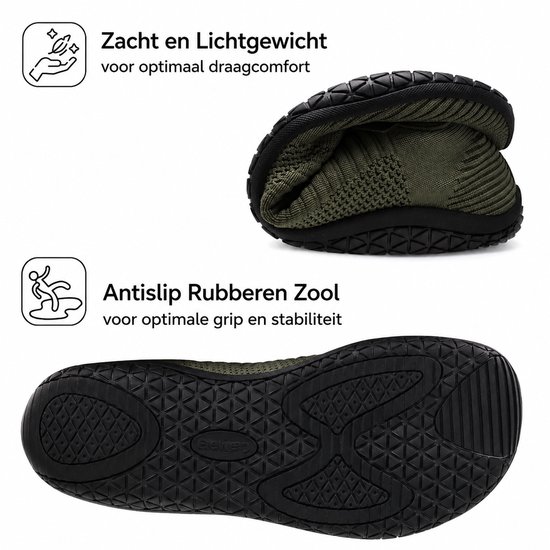 Olijfgroene sportschoen. Een icoon met "Zacht en Lichtgewicht" en een schoen met "Antislip Rubberen Zool".