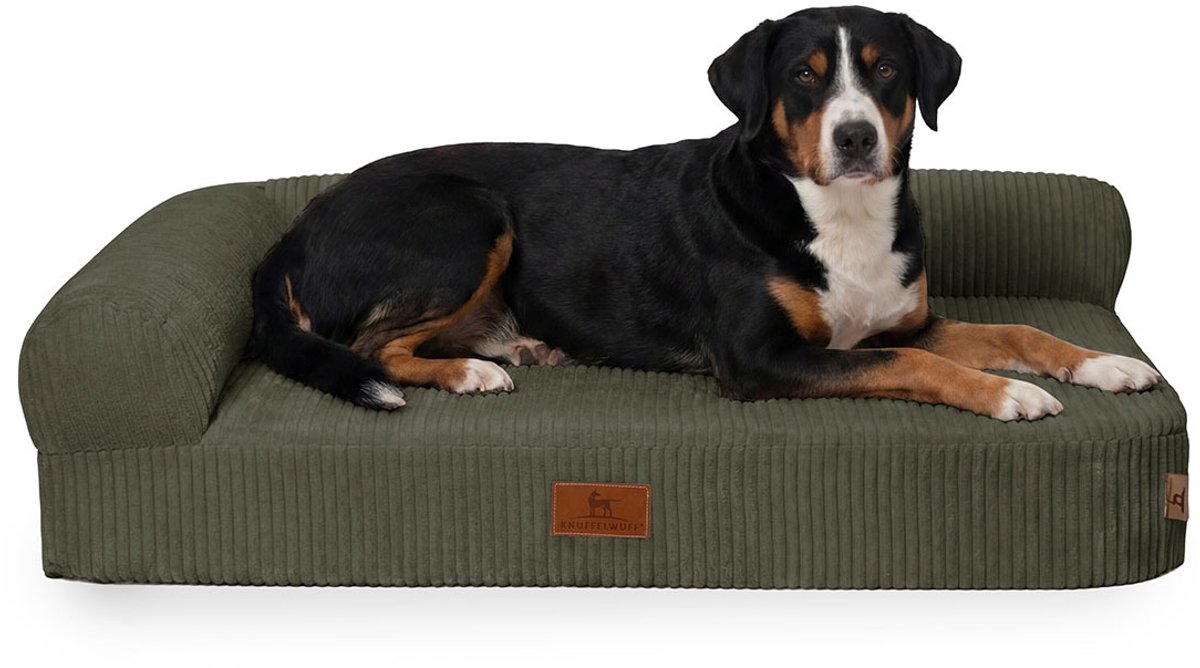 Knuffelwuff orthopedisch hoekhondenbed Cortland van ribfluweel M-L 85 x 63cm Leuning links Khaki