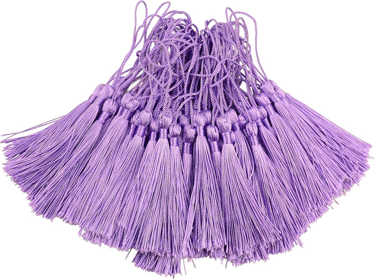 100 stks 13cm/5 Inch Zijdeachtige Floss Bladwijzer Kwastjes met 2-Inch Koord Loop en Kleine Chinese Knoop voor Sieraden Maken, Souvenir, Bladwijzers, DIY Craft Accessoire(paars)