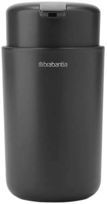 Donkergrijze Brabantia zeepdispenser met pompdop en het Brabantia logo.