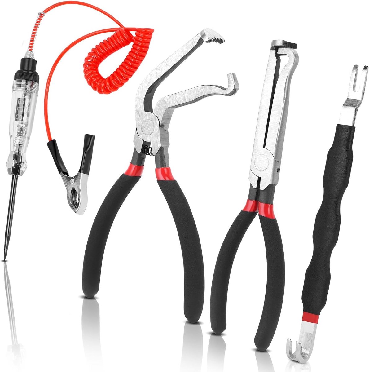 Set van 4 auto-connectoren, demontagetang, testset, elektrische scheidingang, recht, 60 graden gebogen, dubbele kop, hendel, led-spanningstester, aansluitklem voor werkplaats, diagnose