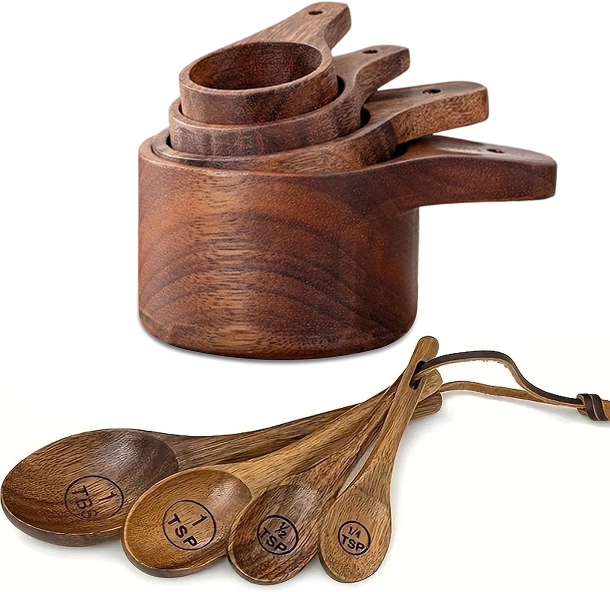 Set van houten maatlepels en kopjes, 8-delige maatbeker (acacia) en maatlepel (Nanmu) met nauwkeurige schaalverdelingen, stapelbaar ontwerp voor gebak, specerijen en koffie