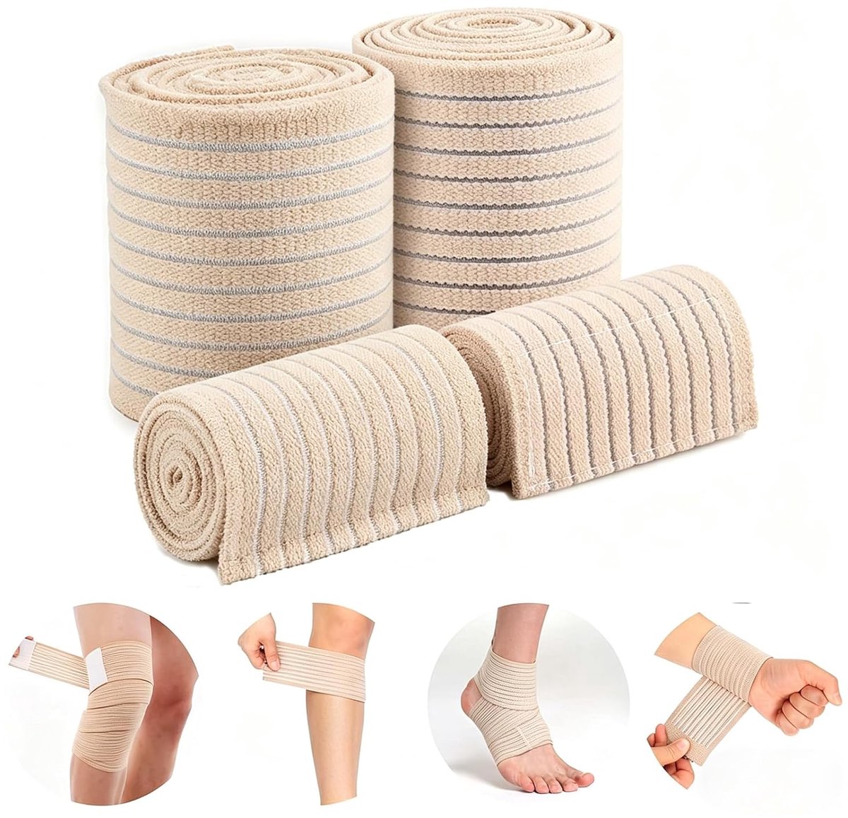 4 stuks, elastische bandage, kuitbandage, sport, zelfklevende kniebandage, ademende elleboogbandage voor dames en heren, arm, ellebogen, kuiten, enkels, pols