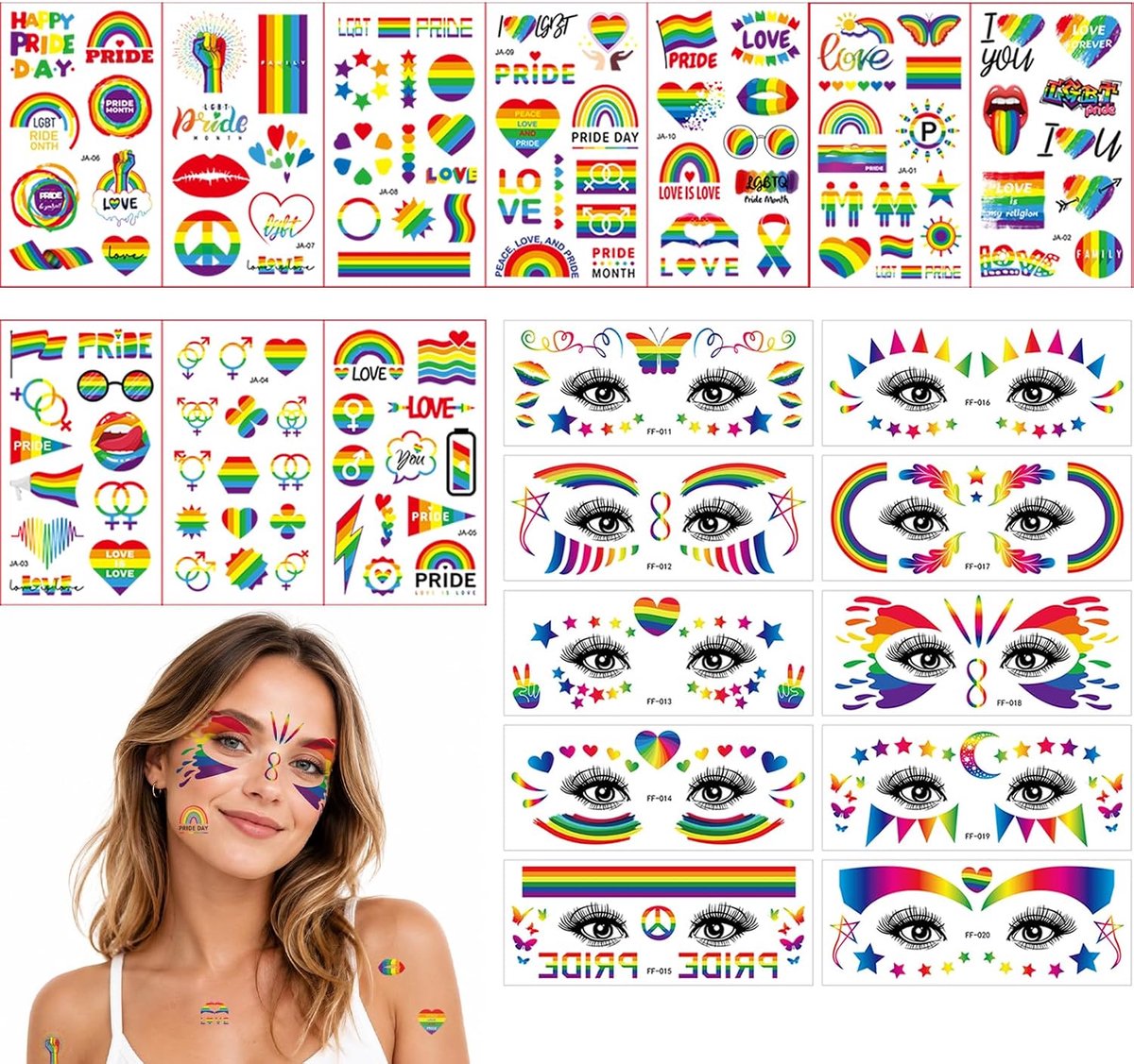 20 Stuks Gekleurde Regenboog Gezichts Tattoos, Tijdelijke Tattoeages, Unisex Gezichts Tattoo Sets, LGBTQ Homoseksuele Trots Stickers, Optocht Festival Tattoeages