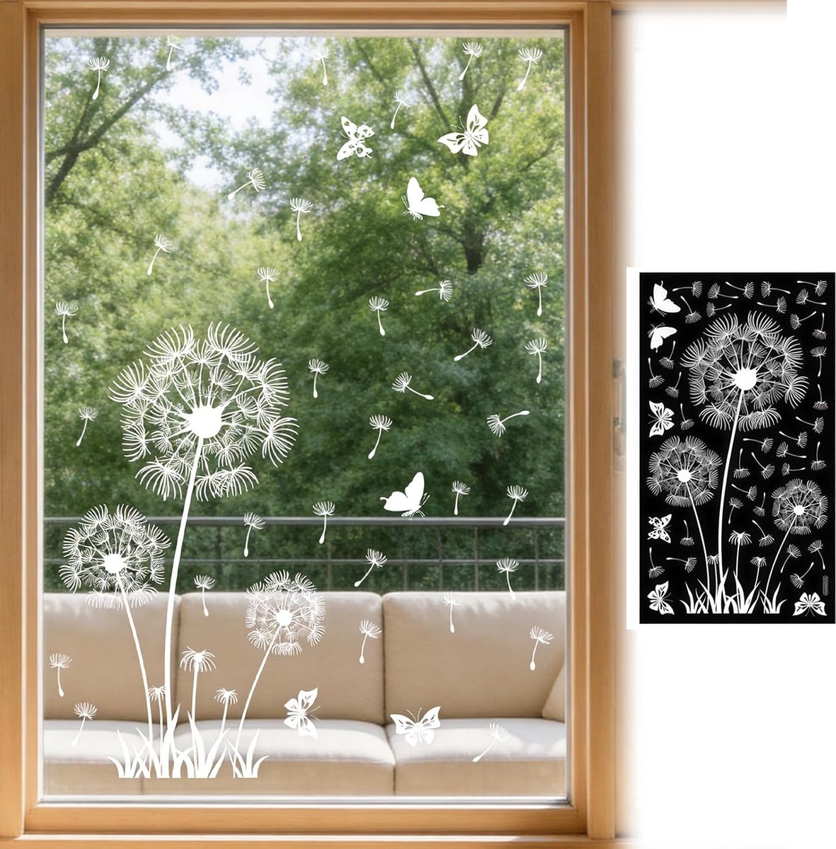 Raamafbeeldingen, paardenbloem, wit, statisch hechtend, raamstickers, lente, zomer, met vlindermotieven, anti-botsing, dubbelzijdige raamdecoratie, voor woonkamer, slaapkamer, keuken